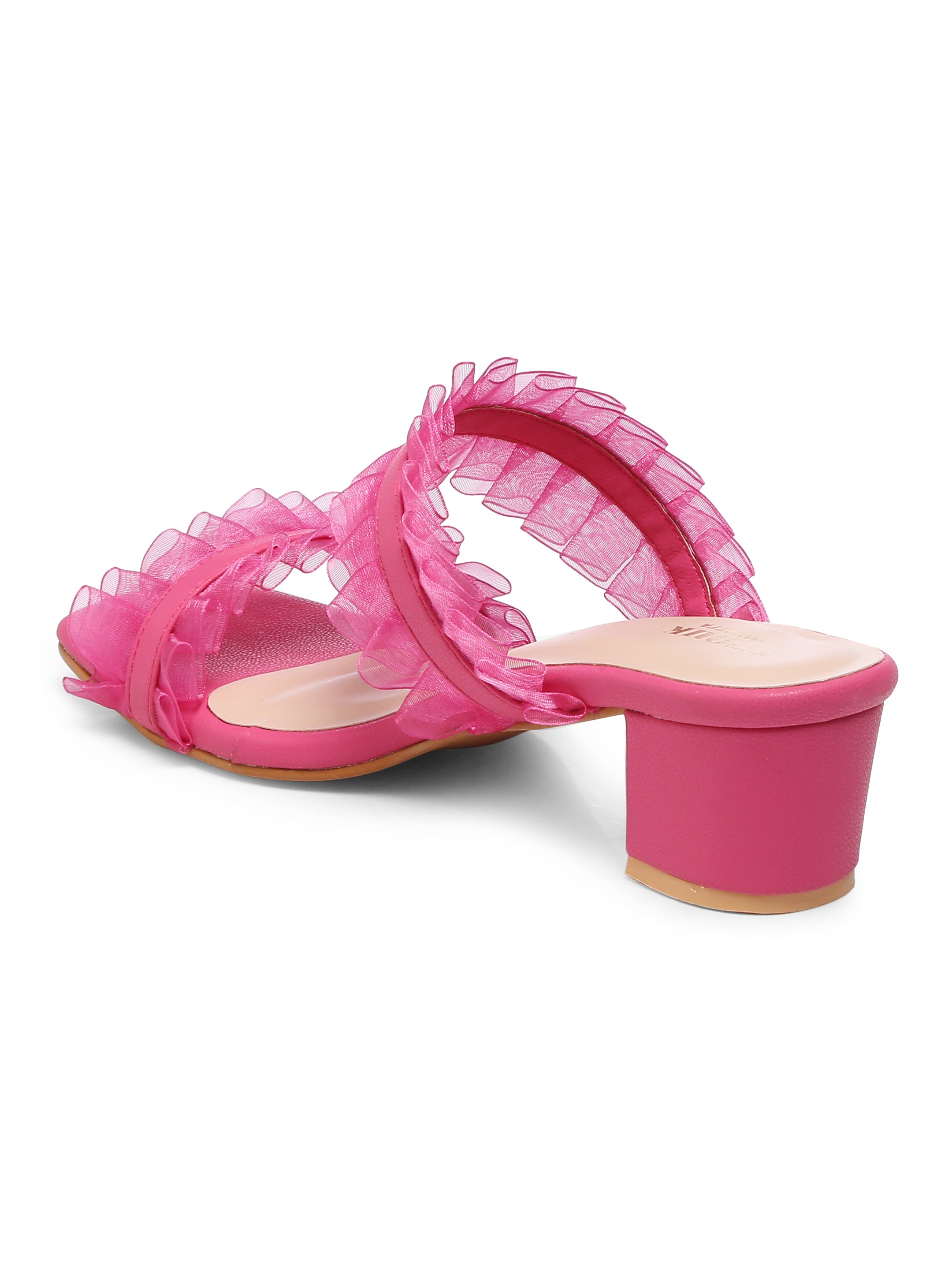 GNIST Hot pink Double Strap Ruffle Block Heels
