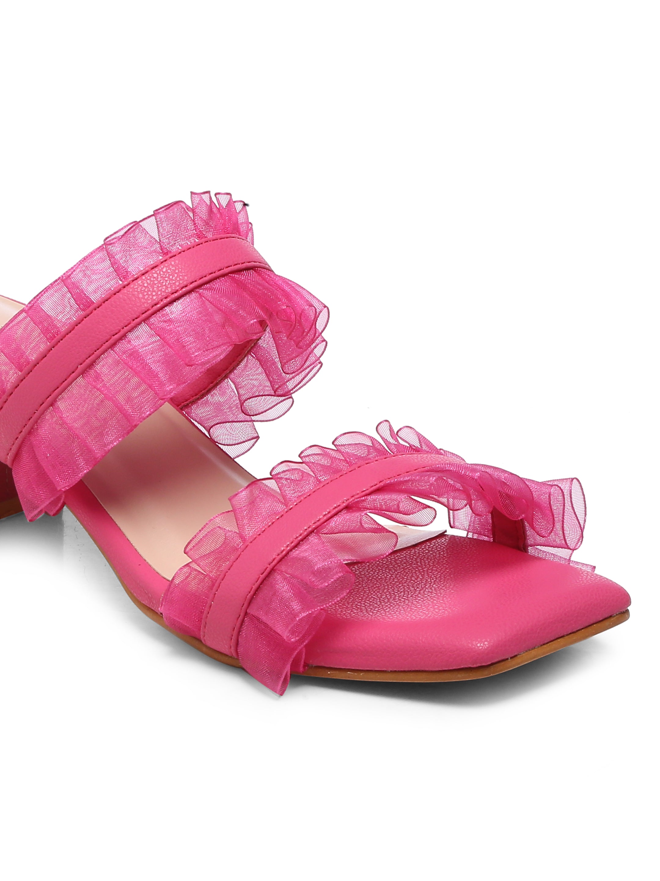GNIST Hot pink Double Strap Ruffle Block Heels