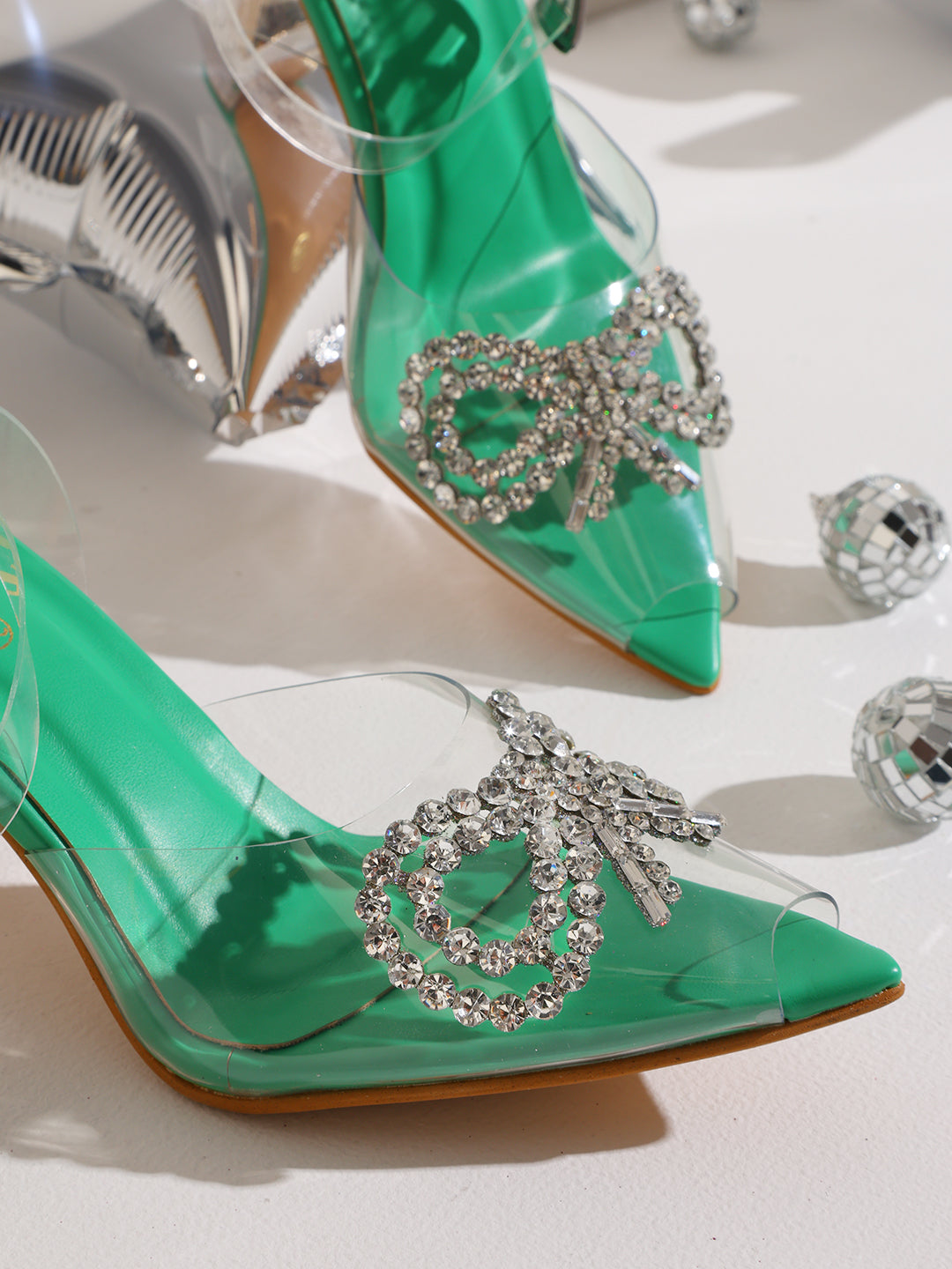 GNIST Green Pointed Embellished Transparent Bow Heels