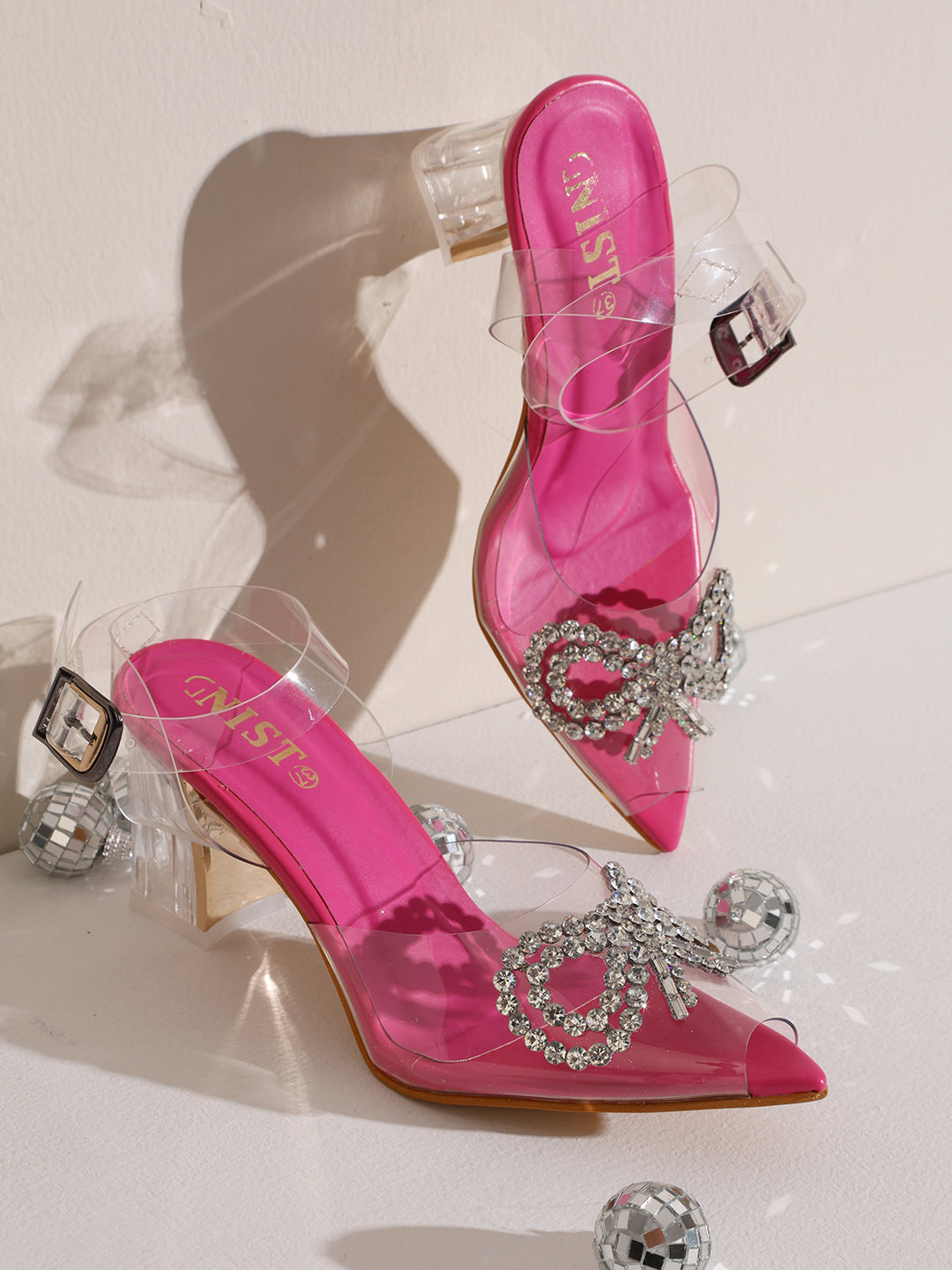 GNIST Pink Pointed Embellished Transparent Bow Heels