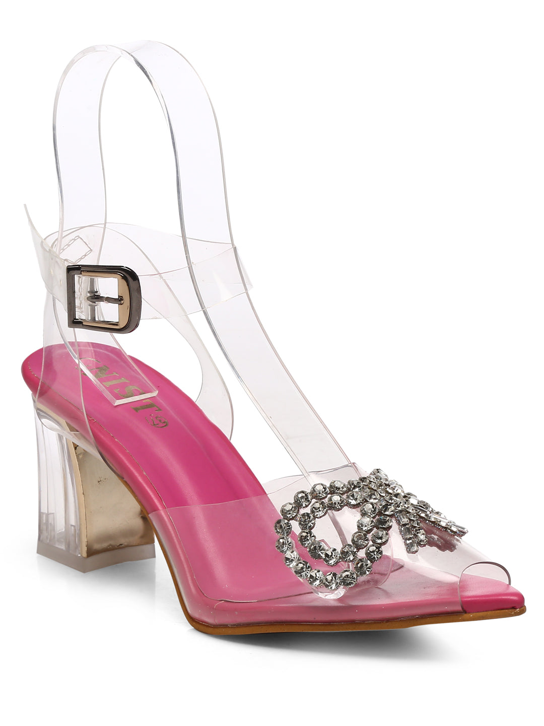 GNIST Pink Pointed Embellished Transparent Bow Heels