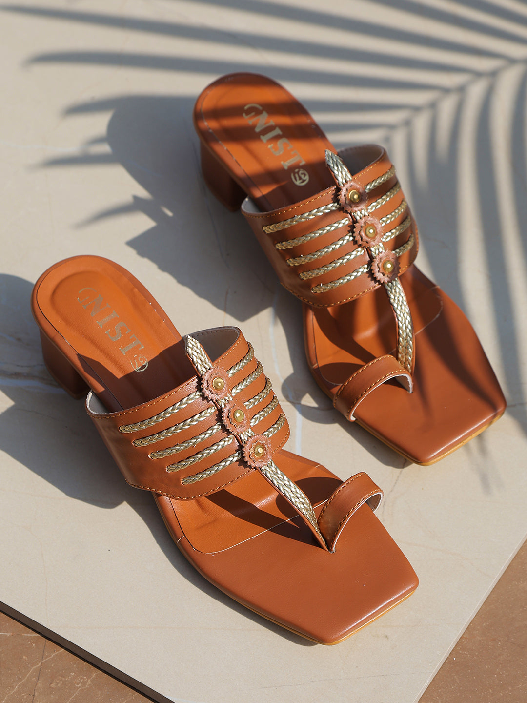 GNIST Tan Gold Kolhapuri Ethnic Block Heel â Gnist Footwear