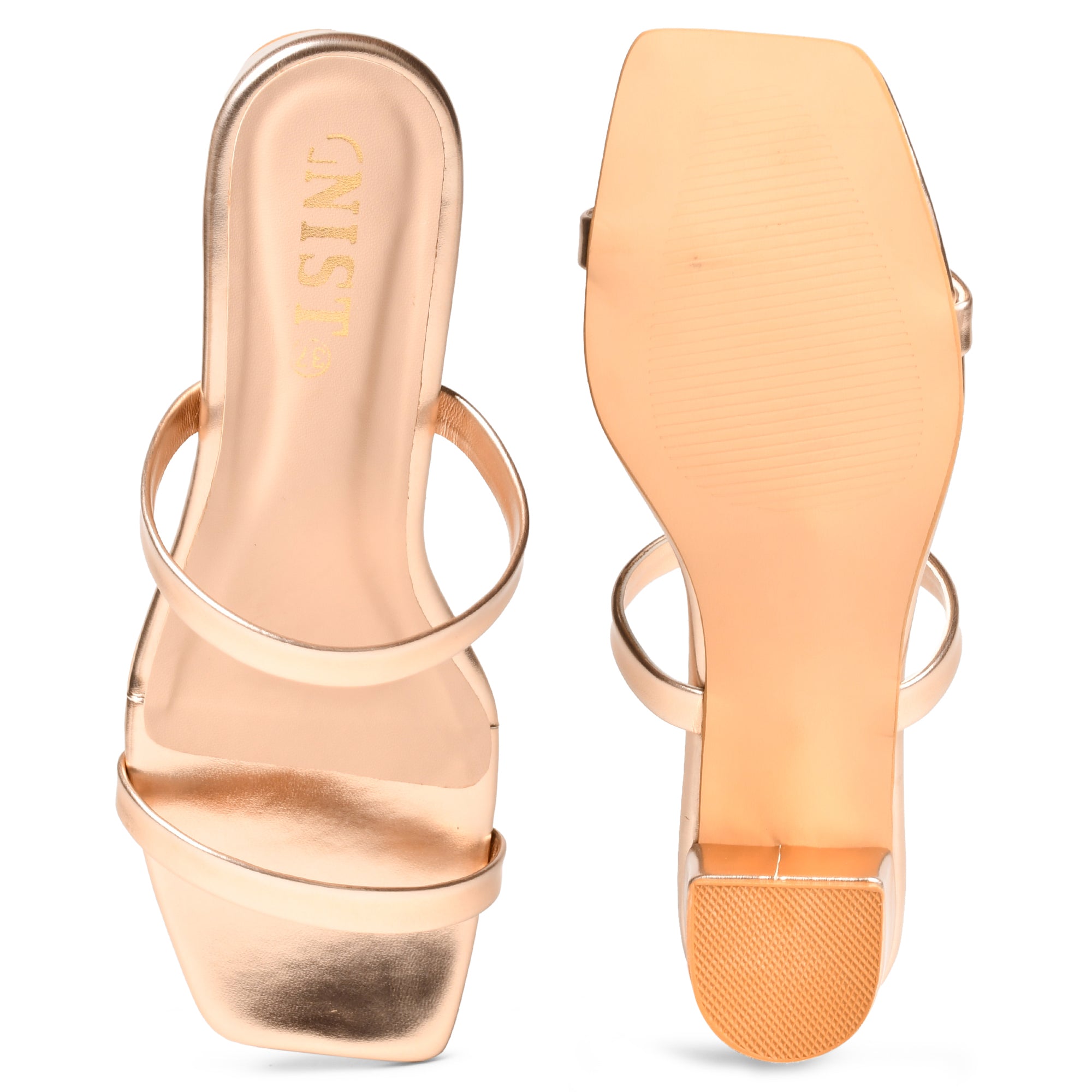 GNIST Double Strap Rosegold Chunky Heels