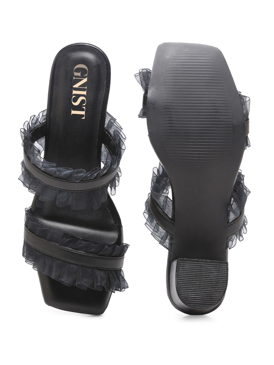 GNIST Black Double Strap Ruffle Block Heels