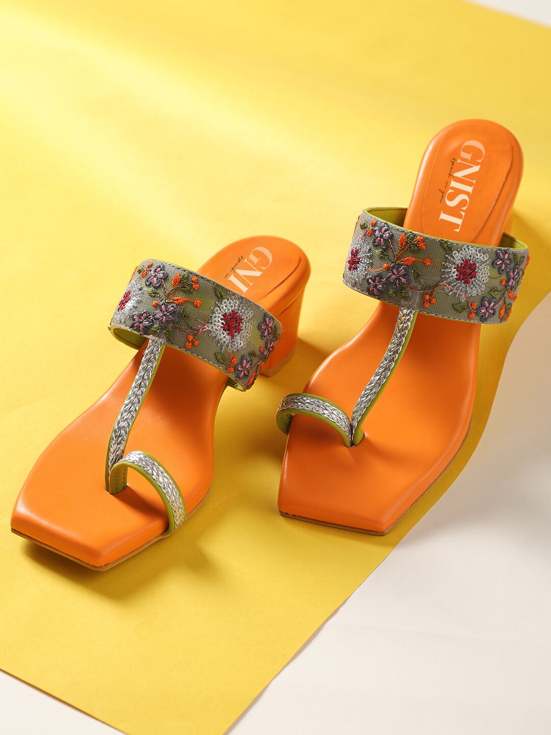 GNIST Orange Embroidered Ethnic Block Heels