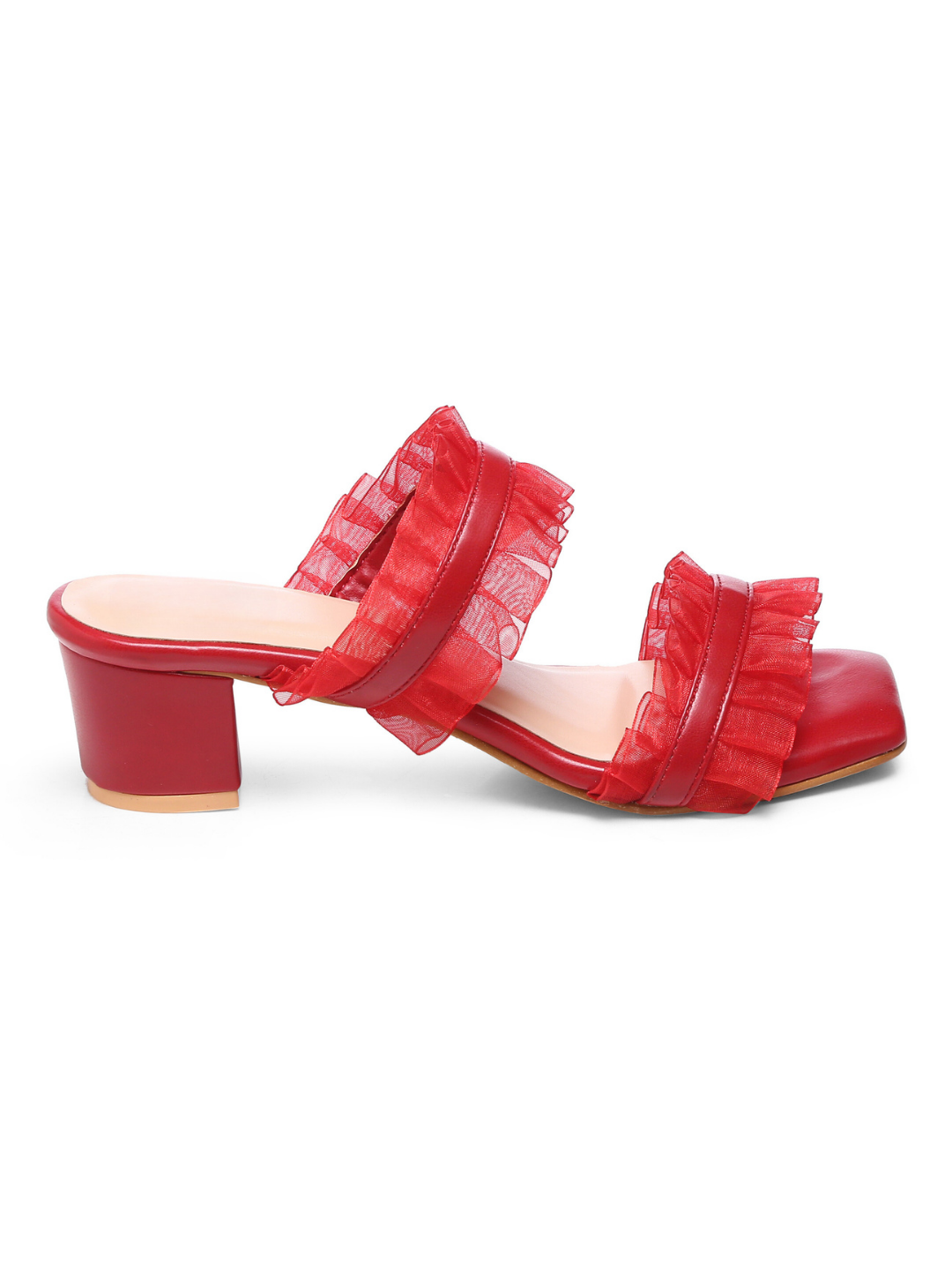 GNIST Red Double Strap Ruffle Block Heels