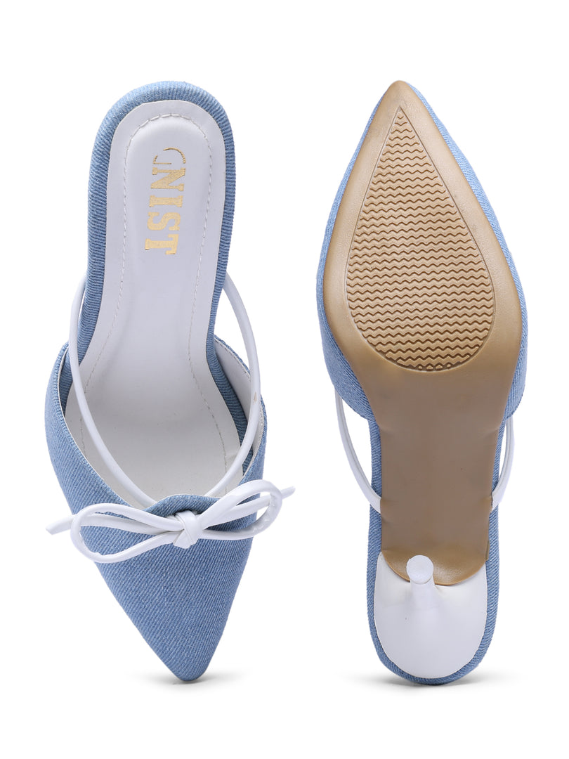 GNIST Pointed Bow Blue White Stilettos Heel