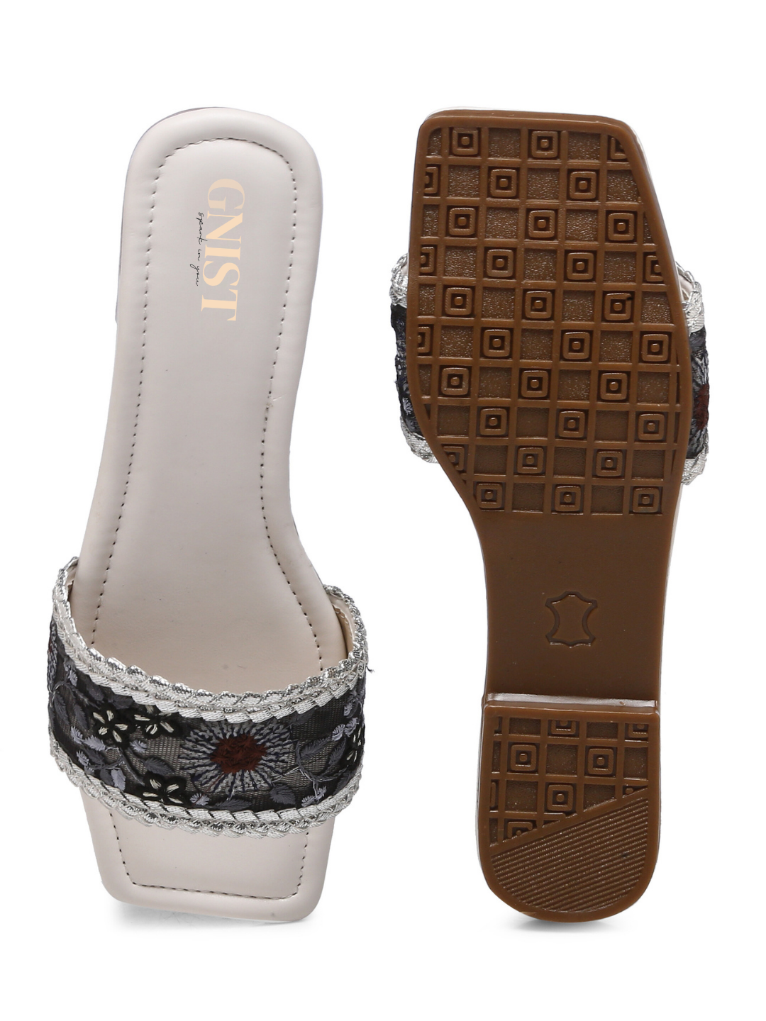 GNIST BlackWhite Embroidered Flats