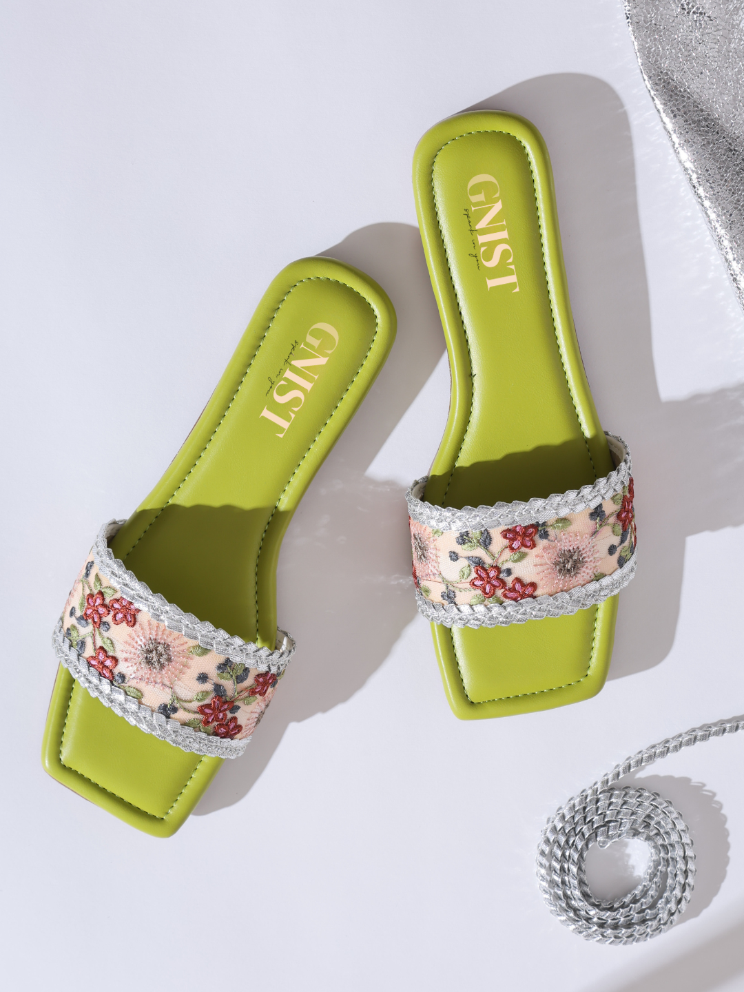 GNIST Green Embroidered Flats