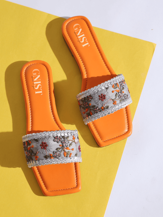 GNIST Orange Embroidered Flats