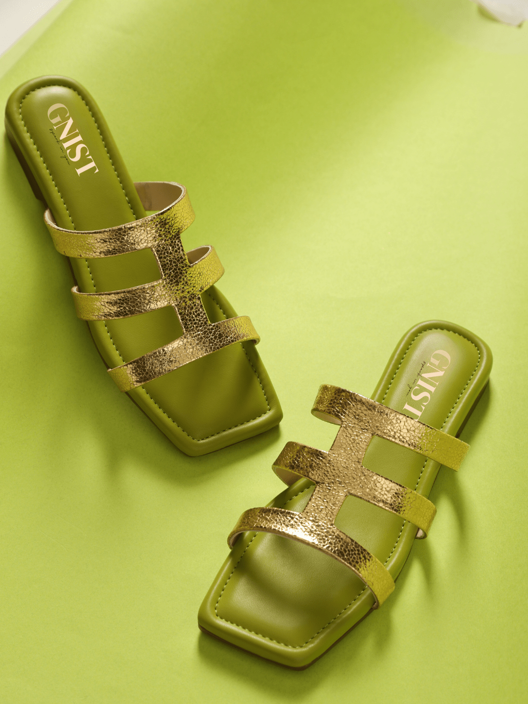 GNIST Green Gold Strappy Flats