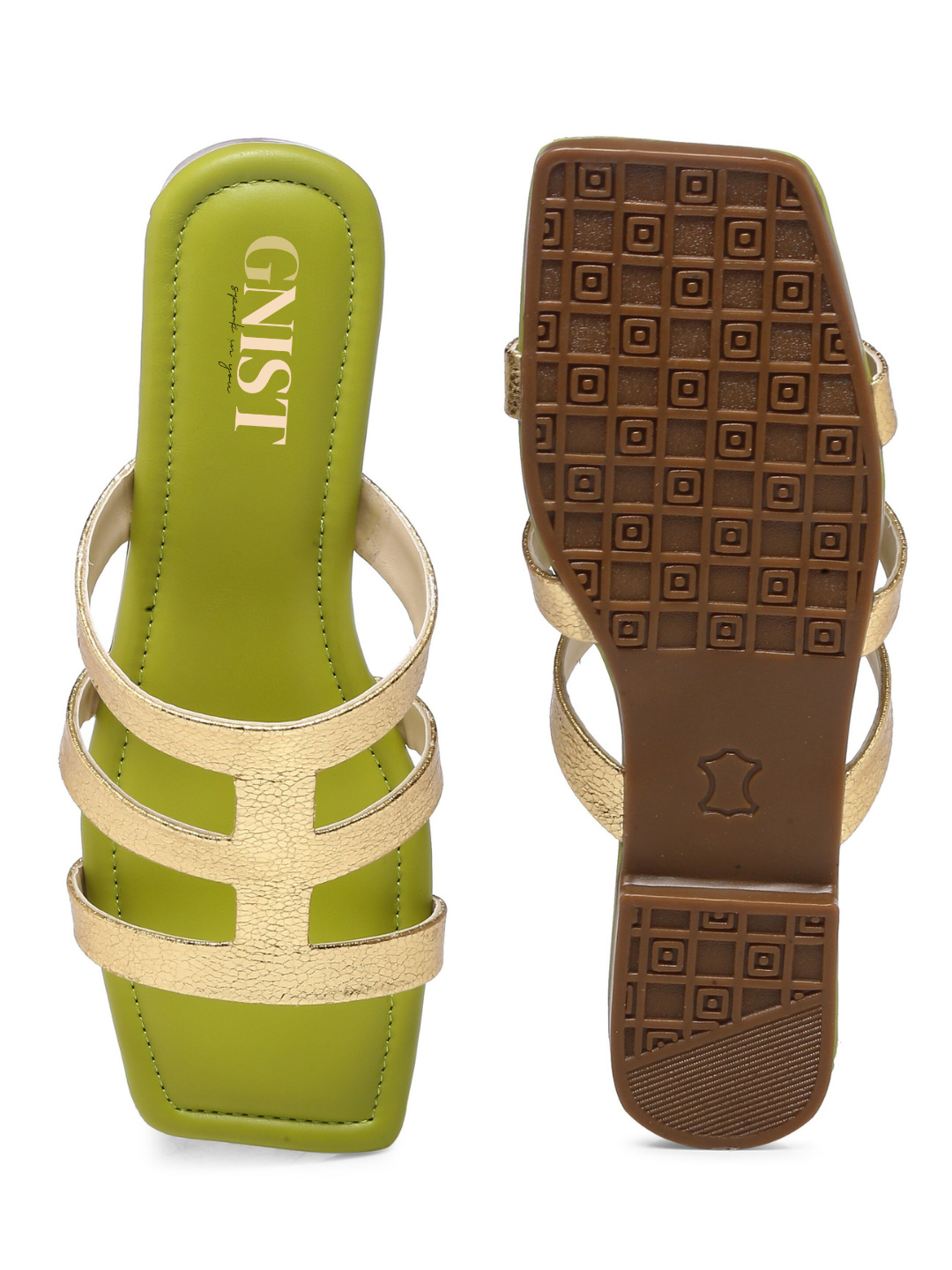 GNIST Green Gold Strappy Flats