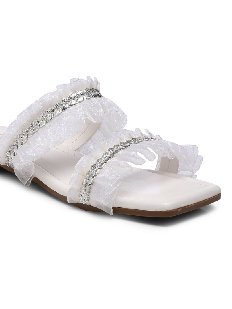 GNIST White Double Strap Ruffle Flats