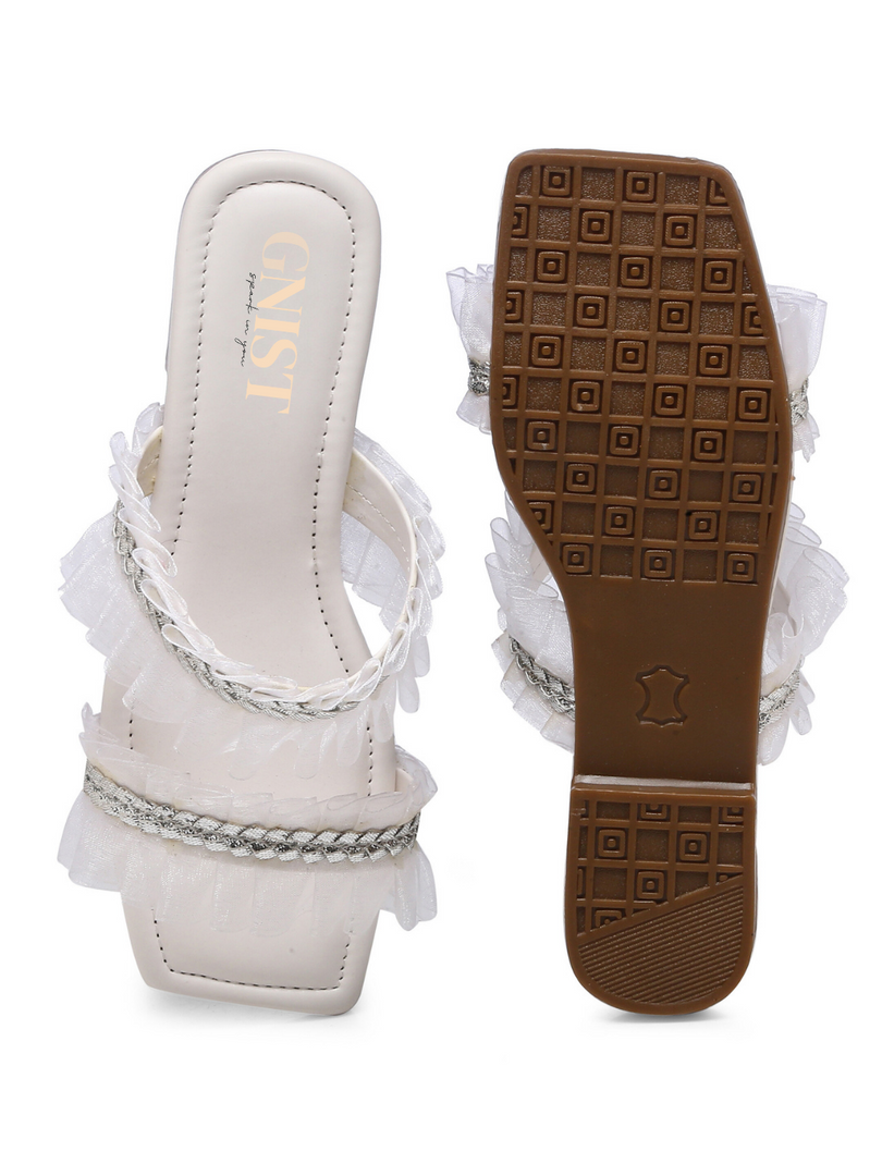 GNIST White Double Strap Ruffle Flats