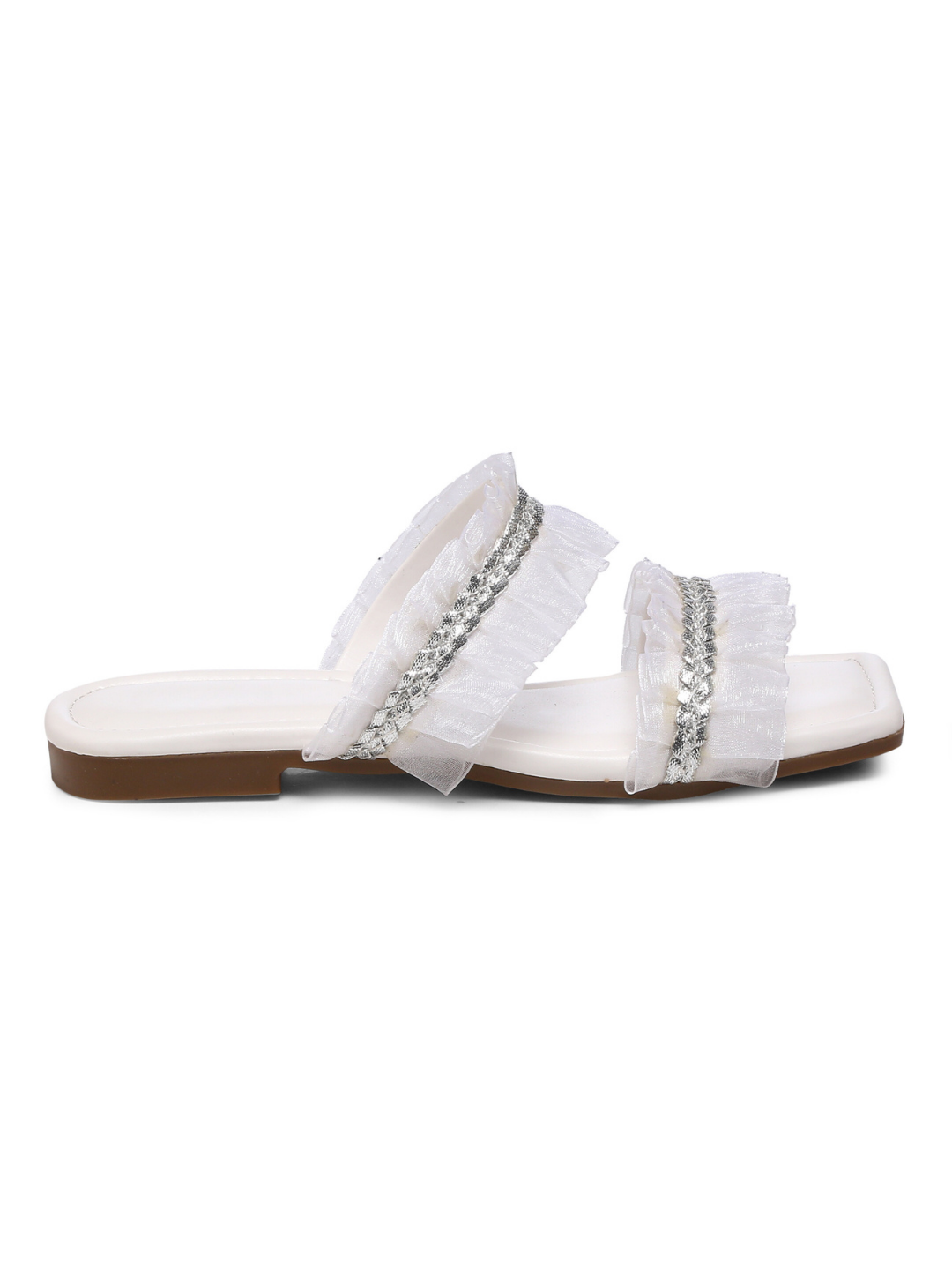 GNIST White Double Strap Ruffle Flats