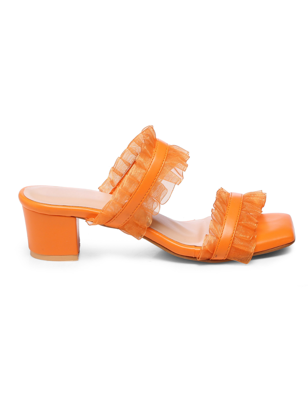 GNIST Orange Double Strap Ruffle Block Heels