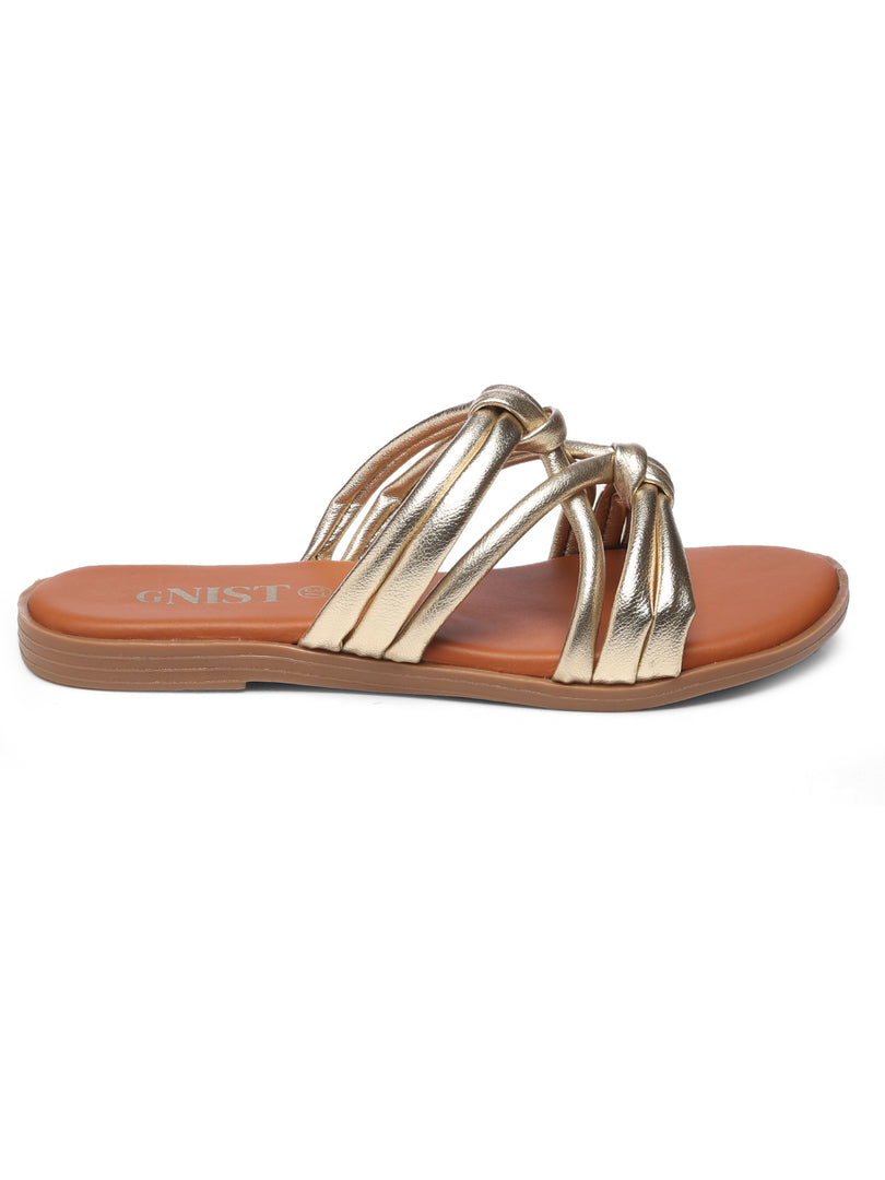 GNIST Arabic Strappy Slip on Gold Flats