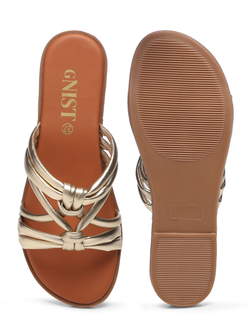 GNIST Arabic Strappy Slip on Gold Flats