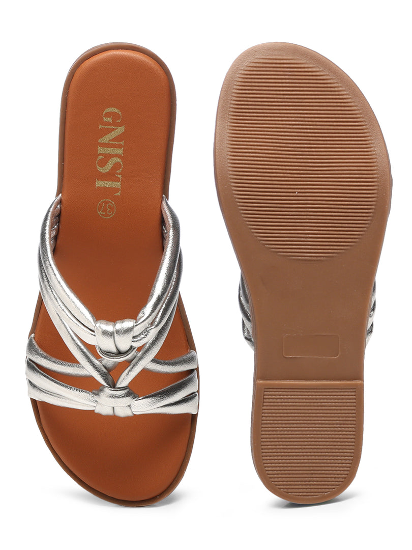 GNIST Arabic Strappy Slip on Silver Flats