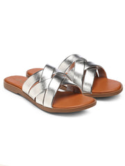 GNIST Comfy Strappy Slip on Silver Flats