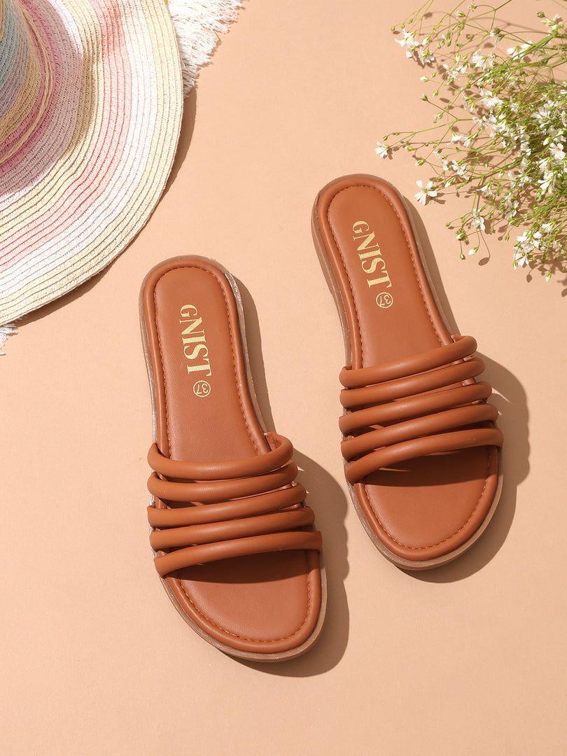 GNIST multi Strap Tan Vegan Leather Flats