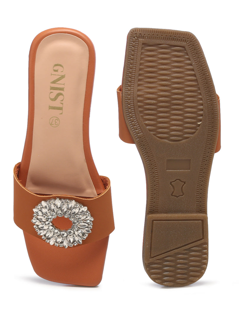 GNIST Embellished Chic Vegan Leather Tan Party Flats