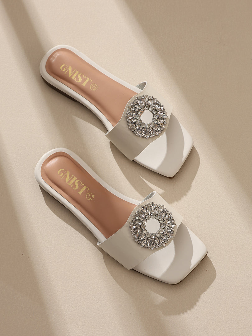 GNIST Embellished Chic Vegan Leather White Party Flats