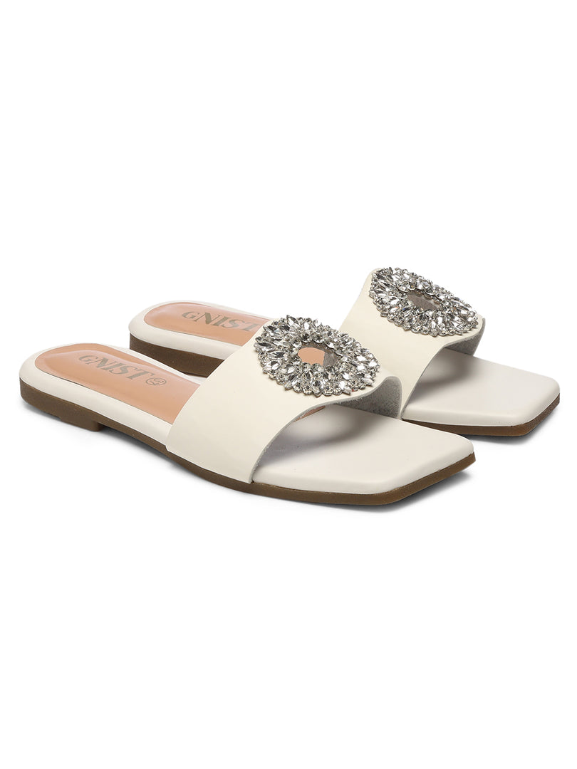 GNIST Embellished Chic Vegan Leather White Party Flats