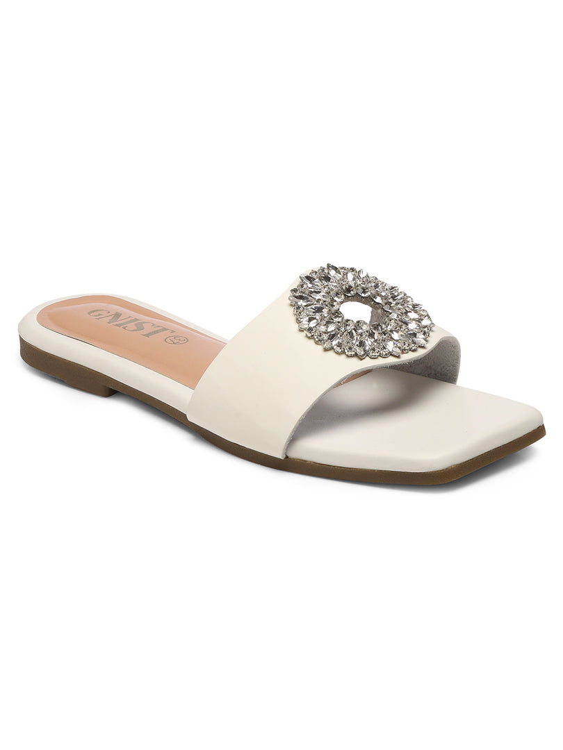 GNIST Embellished Chic Vegan Leather White Party Flats