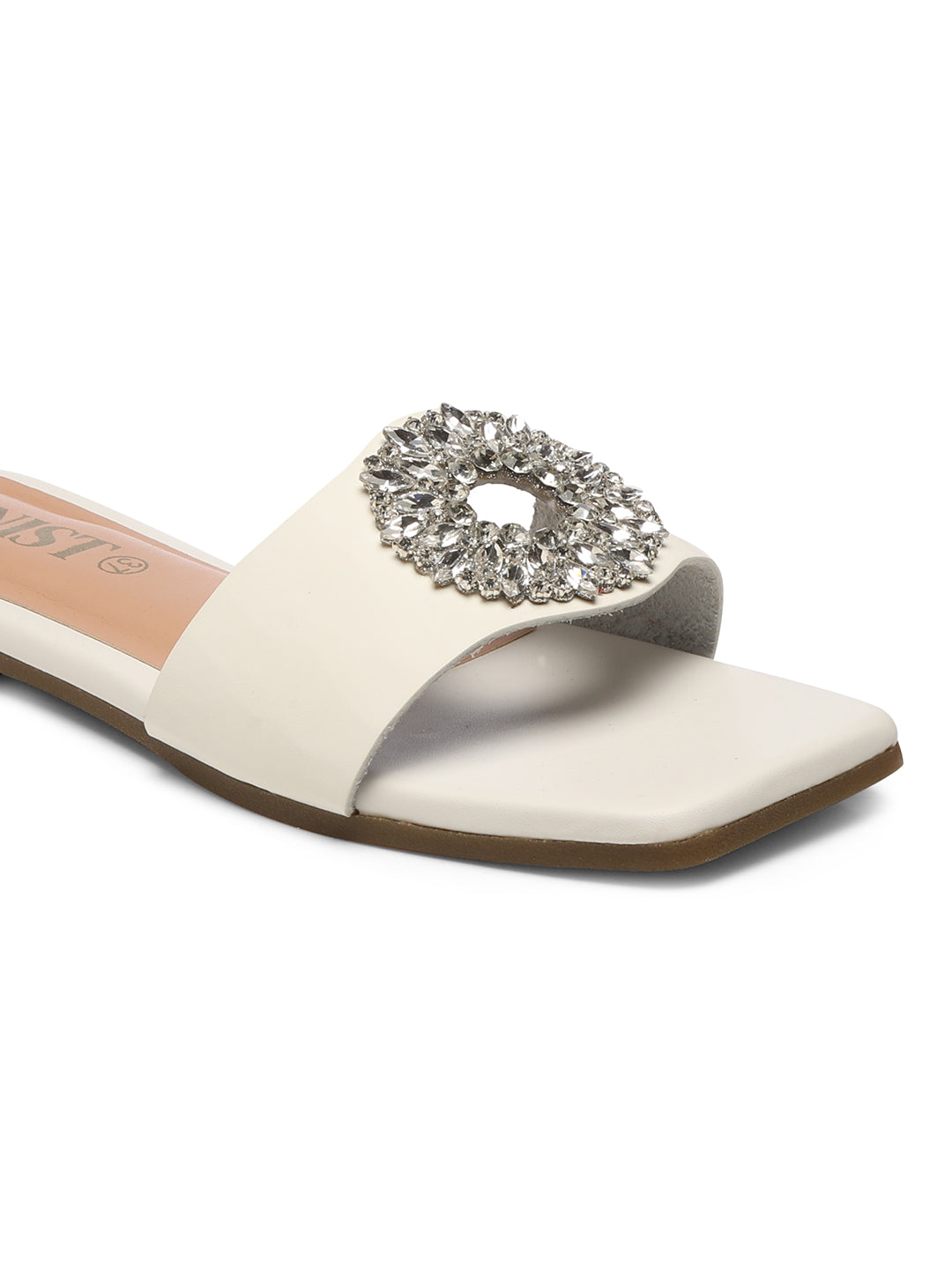 GNIST Embellished Chic Vegan Leather White Party Flats