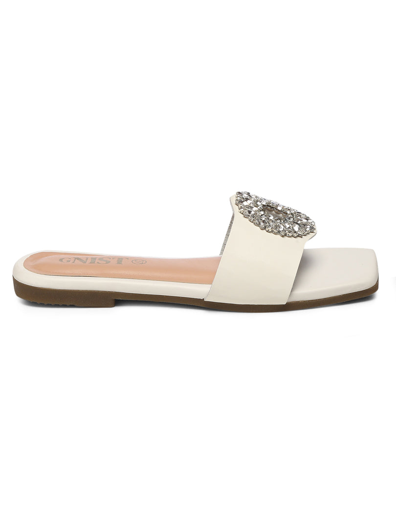 GNIST Embellished Chic Vegan Leather White Party Flats