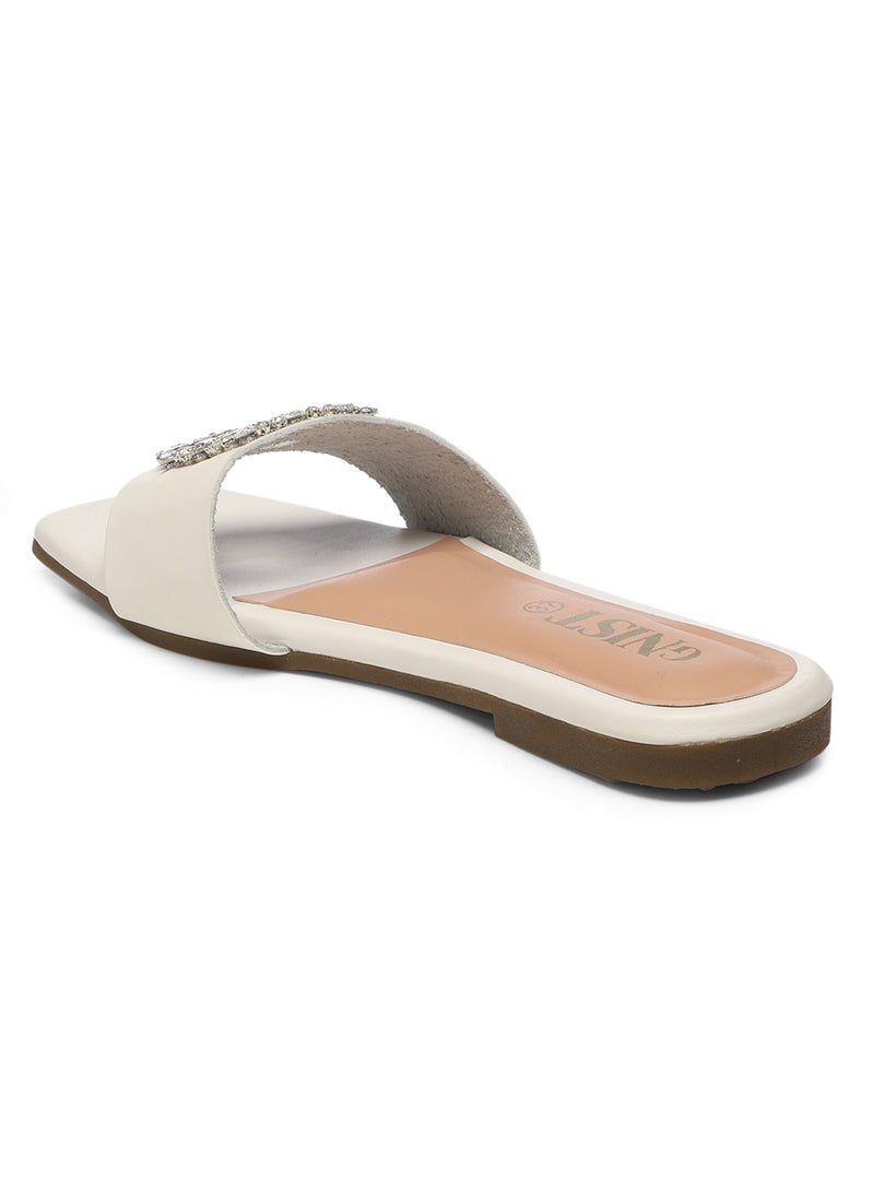 GNIST Embellished Chic Vegan Leather White Party Flats