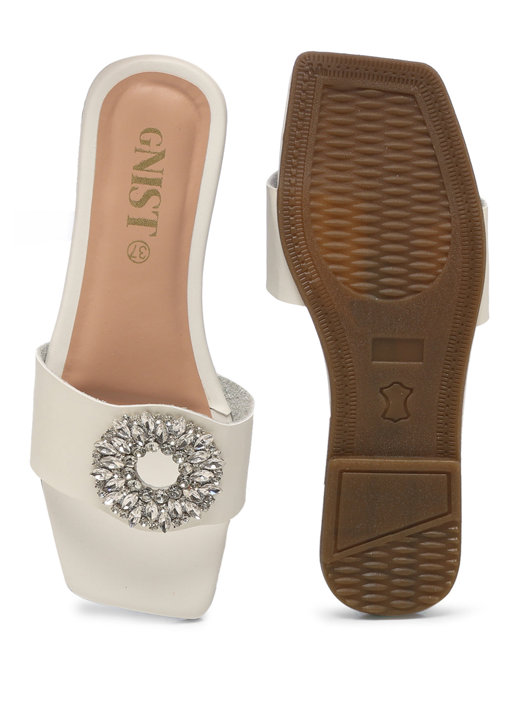 GNIST Embellished Chic Vegan Leather White Party Flats