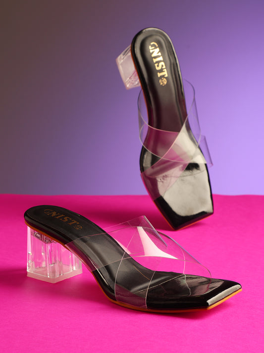 GNIST Black Cross Strap Transparent Clear Block Heels