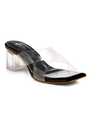 GNIST Black Cross Strap Transparent Clear Block Heels