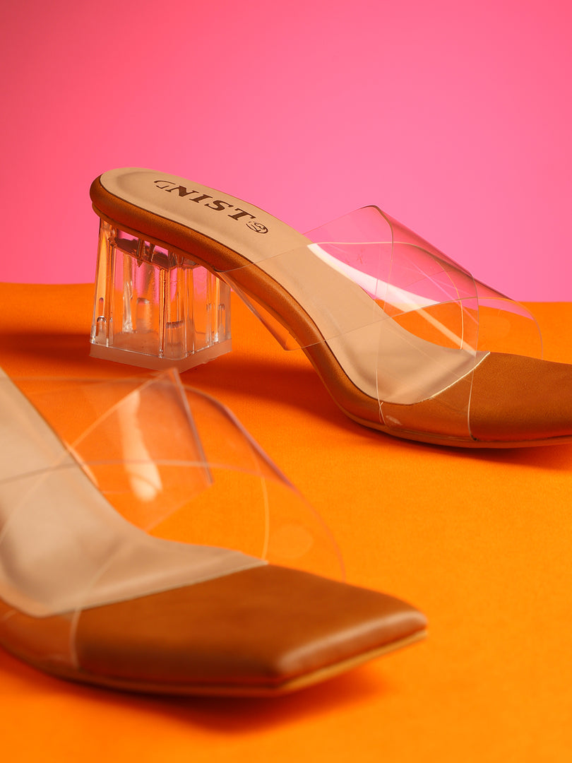 GNIST Tan Cross Strap Transparent Clear Block Heels – Gnist Footwear