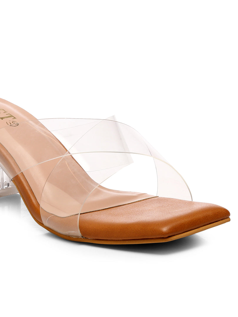 GNIST Tan Cross Strap Transparent Clear Block Heels