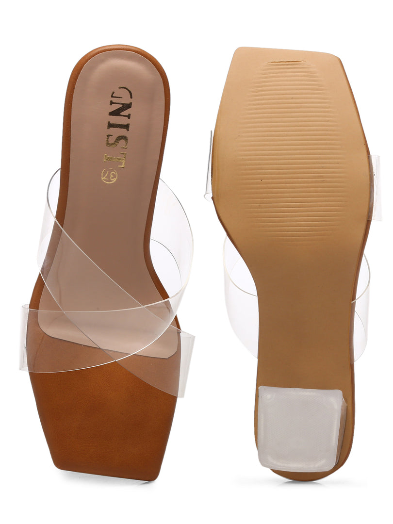 GNIST Tan Cross Strap Transparent Clear Block Heels