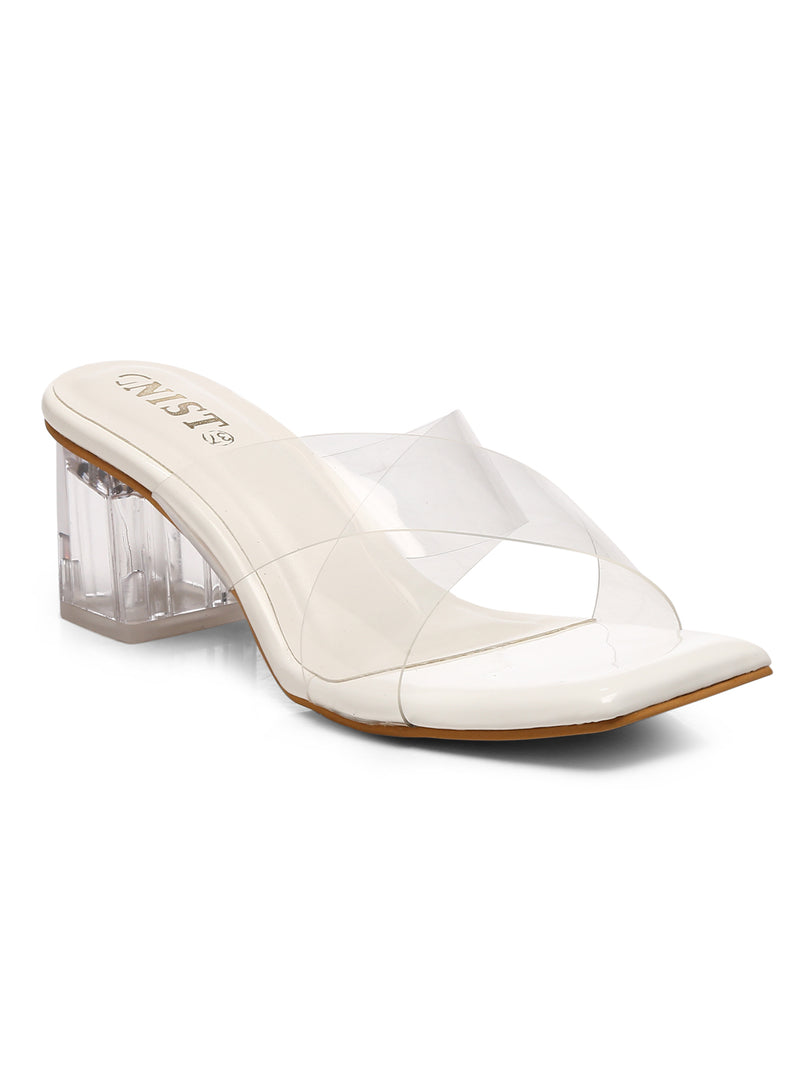 GNIST White Cross Strap Transparent Clear Block Heels