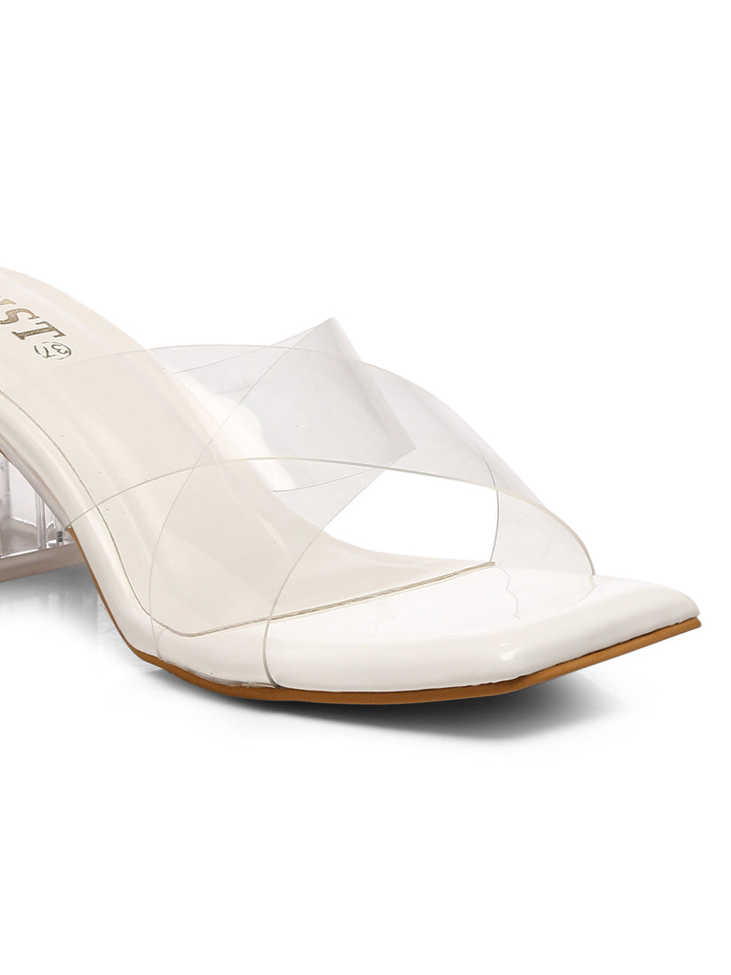 GNIST White Cross Strap Transparent Clear Block Heels