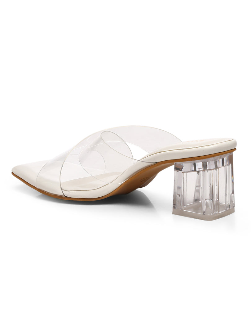 GNIST White Cross Strap Transparent Clear Block Heels