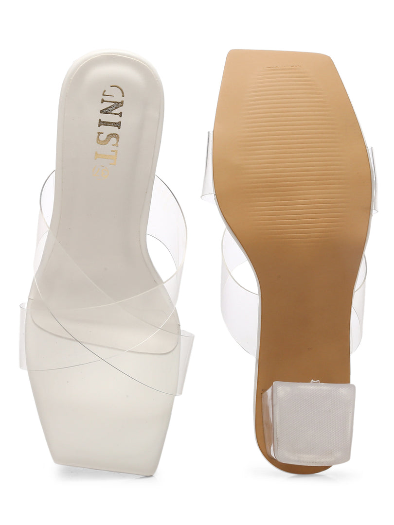 GNIST White Cross Strap Transparent Clear Block Heels