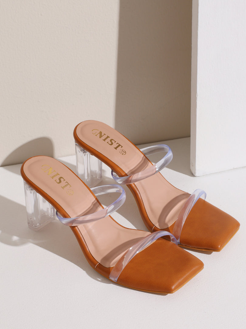 GNIST Tan Twin Transparent Strap Clear Block Heels