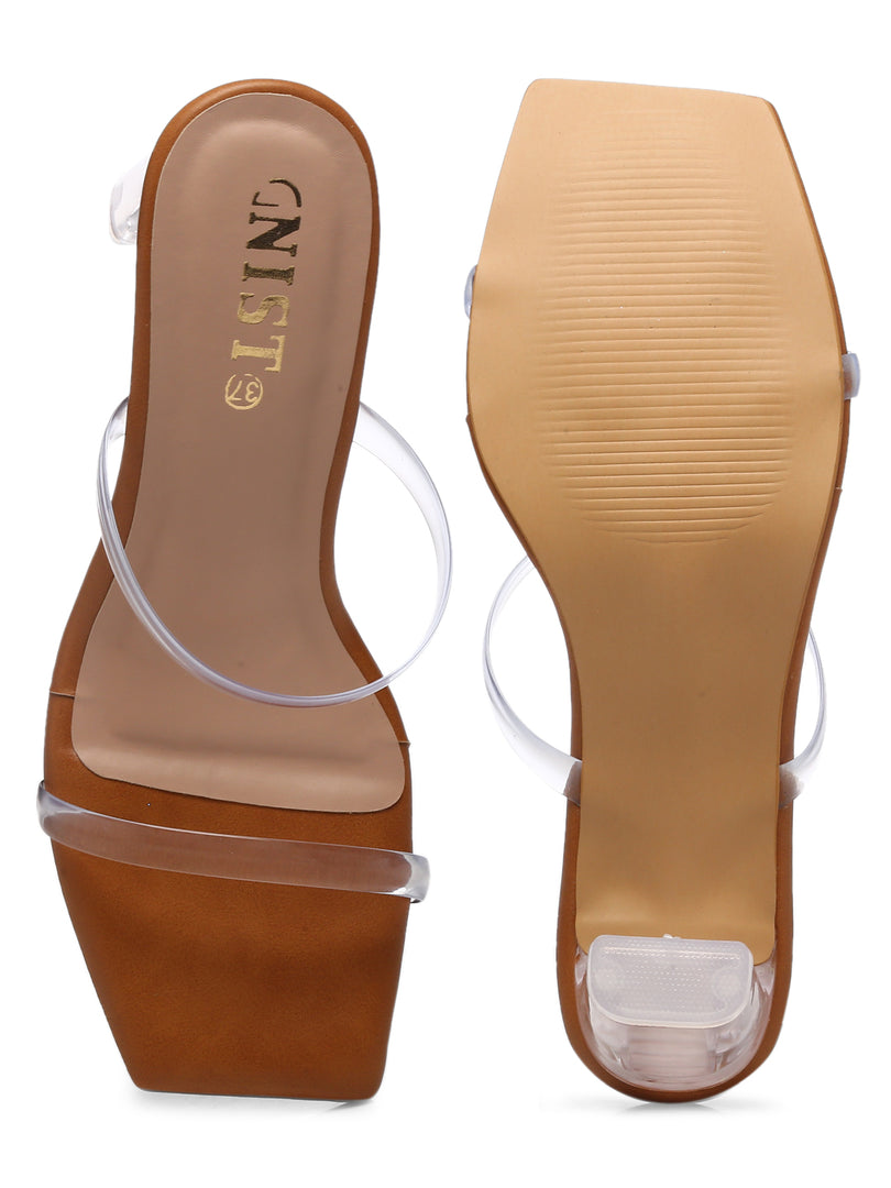 GNIST Tan Twin Transparent Strap Clear Block Heels