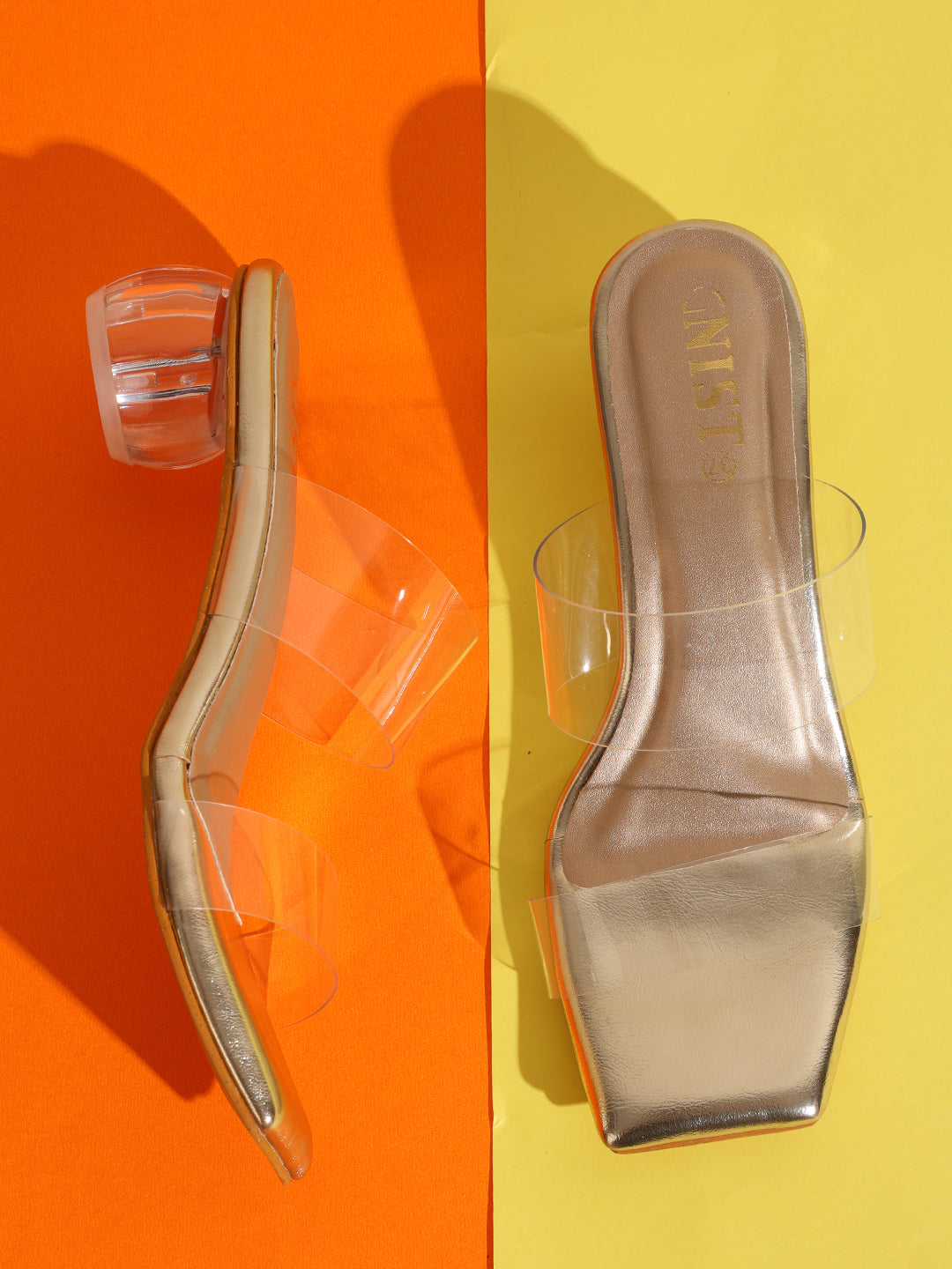 GNIST Gold Twin Strap Transparent Clear Block Heels