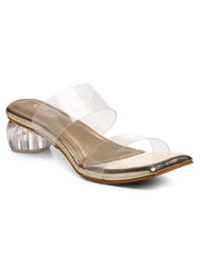 GNIST Gold Twin Strap Transparent Clear Block Heels