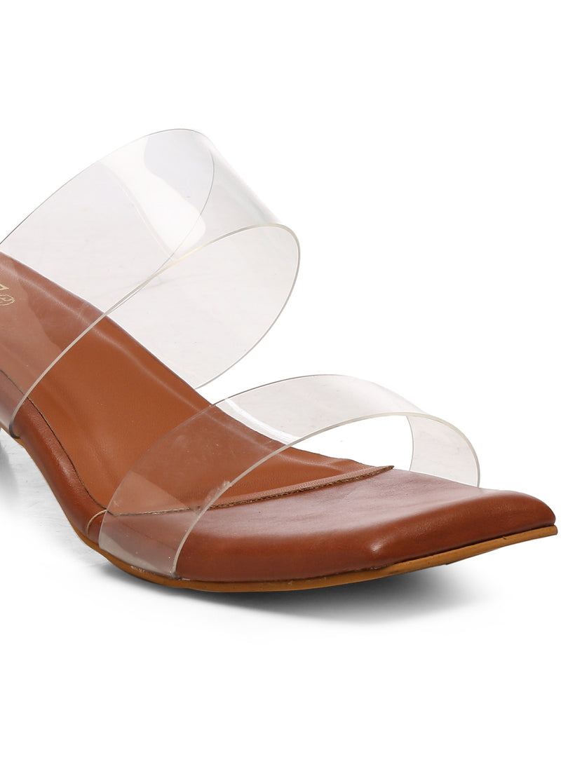 GNIST Tan Twin Strap Transparent Clear Block Heels