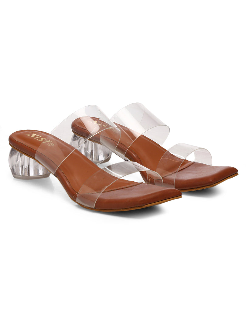 GNIST Tan Twin Strap Transparent Clear Block Heels