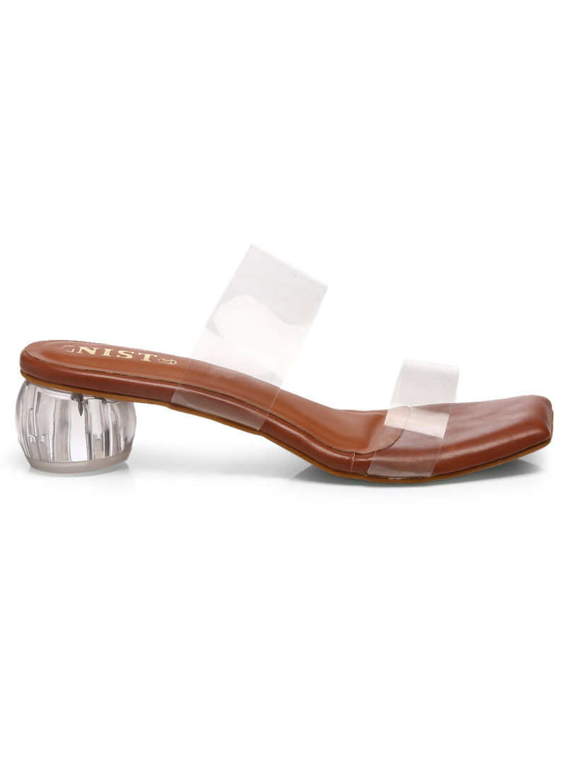 GNIST Tan Twin Strap Transparent Clear Block Heels