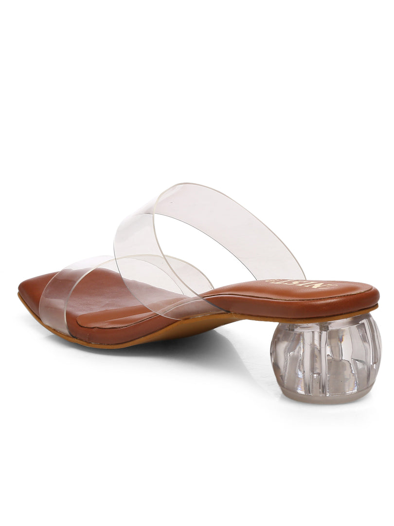 GNIST Tan Twin Strap Transparent Clear Block Heels